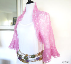 Light Pink silk shrug, hand knit kid mohair and silk sweater shrug, luxury knitwear by PZM Designs - PZM Designs 