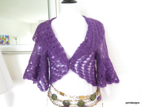 Purple silk mohair sweater shrug, hand knit lacy cardigan, luxury knitwear, bridal shrug