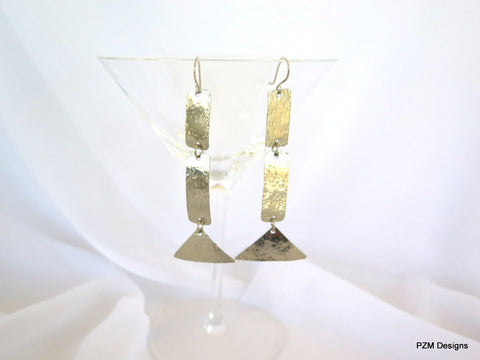 Long minimalist earrings, hammered silver artisan crafted dangle earrings, gift under 40
