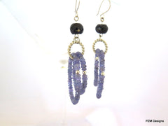 Tanzanite and sapphire hoop earrings set in solid silver - PZM Designs 