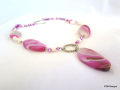 Pink Agate and pearl gemstone statement necklace, Rustic bridal pearl necklace - PZM Designs 