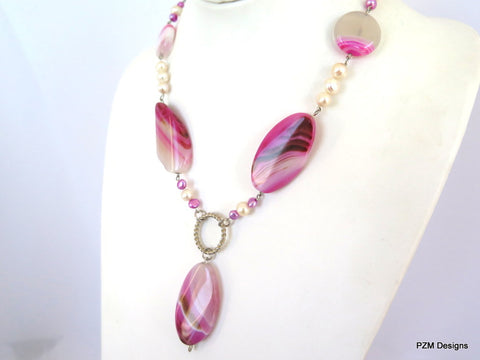 Pink Agate and pearl gemstone statement necklace, Rustic bridal pearl necklace
