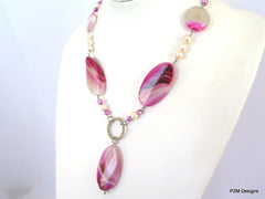 Pink Agate and pearl gemstone statement necklace, Rustic bridal pearl necklace - PZM Designs 
