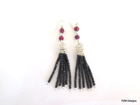 Black Spinel and Ruby Tassel Earrings