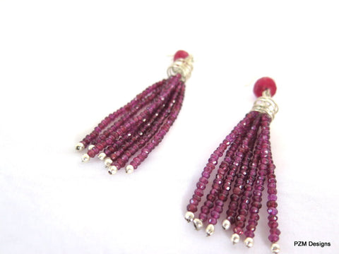 Natural Purple Garnet Tassel Earrings with Ruby Accents, Art Deco Tassel Earrings