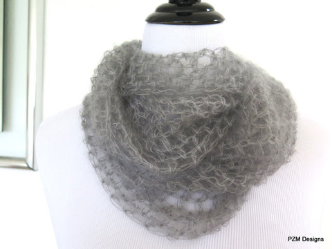 Grey silk long loop scarf, hand crochet luxury cowl gift for her