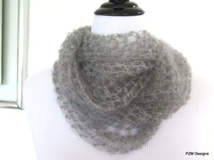Grey silk long loop scarf, hand crochet luxury cowl gift for her - PZM Designs 
