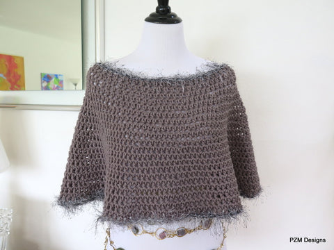Grey Short Circle Poncho, Hand crochet poncho with faux fur trim, gift for her