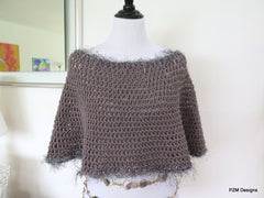 Grey Short Circle Poncho, Hand crochet poncho with faux fur trim, gift for her - PZM Designs 
