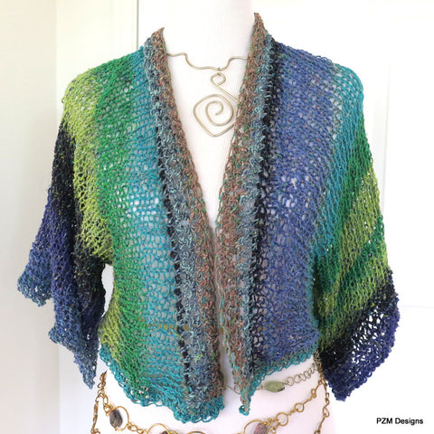 Hand Knit Summer Shrug, Multi Color Cotton and Silk Blend Sweater Shrug