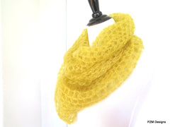 Mustard Yellow Silk Mohair Loop Scarf, Hand Crochet Large Infinity Scarf - PZM Designs 