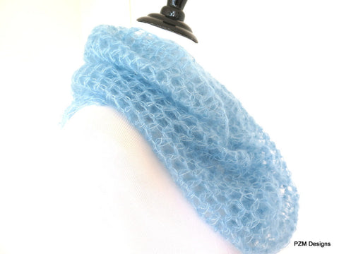 Light Blue Silk Mohair Infinity Scarf, Extra Large Silk Crochet Loop Scarf
