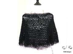 Short Black Circle Poncho with Grey Fur, gift for her - PZM Designs 