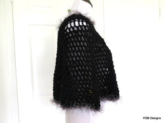 Short Black Circle Poncho with Grey Fur, gift for her - PZM Designs 
