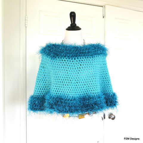 Turquoise Crochet Poncho with Fur Trim, Circle Poncho, gift for her