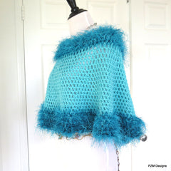 Turquoise Crochet Poncho with Fur Trim, Circle Poncho, gift for her - PZM Designs 