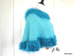 Turquoise Crochet Poncho with Fur Trim, Circle Poncho, gift for her - PZM Designs 