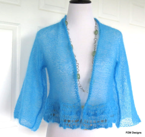 Bright Blue Silk Sweater, Hand Knit Luxury Shrug