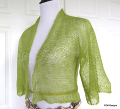 Green Silk Knit Shrug, Light Green Hand Knit Kid Mohair and Silk Jacket, Gift for Her - PZM Designs 