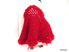 Bright Red Crochet Poncho with Fur Trim, Gift for Her - PZM Designs 