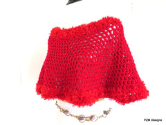 Bright Red Crochet Poncho with Fur Trim, Gift for Her - PZM Designs 