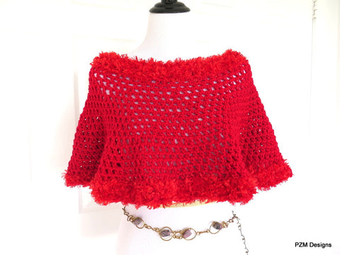 Bright Red Crochet Poncho with Fur Trim, Gift for Her