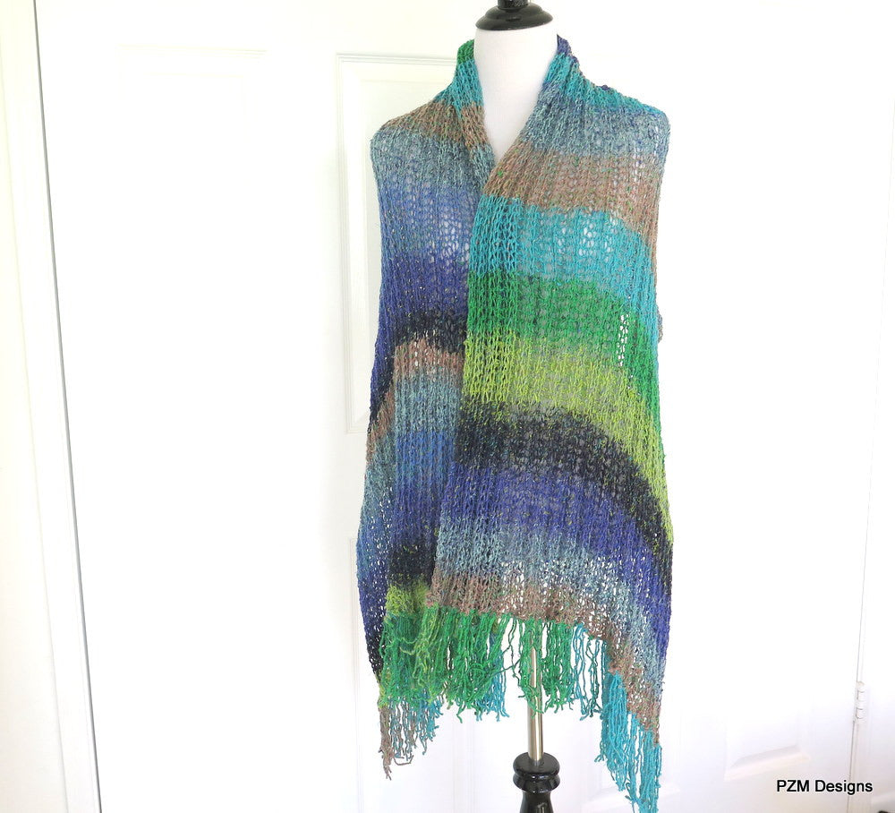 Silk Fringed Shawl, Multi Color Hand Knit Shawl, Gift for Her - PZM Designs 