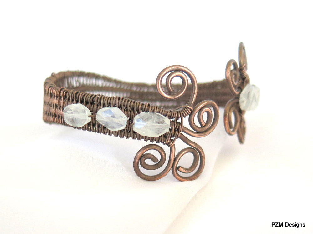 Moonstone Woven Cuff, Antiqued Copper and Moonstone Cuff Bracelet - PZM Designs 
