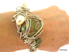 Gemstone Pearl Boho Cuff, Wire Wrapped Unakite Cuff, Gift for Her - PZM Designs 