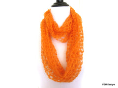 Bright Orange Silk Cowl, Hand Crochet Silk Mohair Loop Scarf, Gift under 40 - PZM Designs 