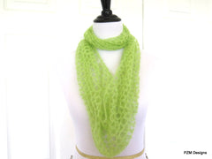 Lime Green Silk Mohair Infinity Scarf, Luxurious hand crochet cowl - PZM Designs 