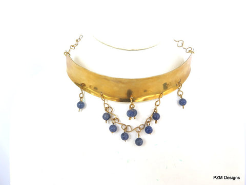 Gold Tribal Choker with Blue Quartz Beads, Gift for her