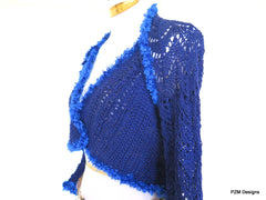 Blue Cotton Crochet Lace Sweater Shrug - PZM Designs 