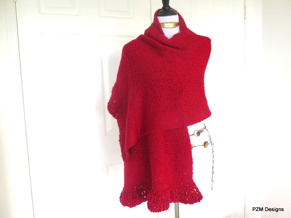 red homespun knit shawl