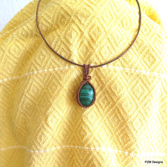 Malachite Woven Copper Pendant, Boho Chic Copper Necklace, Gift for Her - PZM Designs 