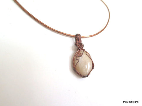 Peach Moonstone Pendant with Copper Slide, Wire Wrapped Copper Pendant with Neck Wire