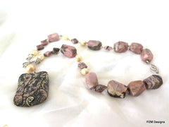Pink Rhodonite Necklace with Gold Pearls, Gift for Her