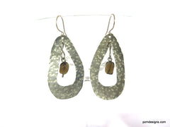 Hammered Oval Silver Earrings with Smokey Quartz Insets, Gift for Her