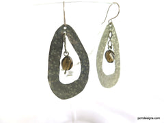 Hammered Oval Silver Earrings with Smokey Quartz Insets, Gift for Her
