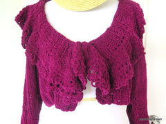 Purple Suede Cropped Cardigan, Maroon Hand Knit Short Sweater