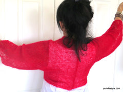 Red Silk Mohair Cardigan Sweater Shrug, Red Hand Knit Silk Shrug
