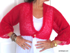 Red Silk Mohair Cardigan Sweater Shrug, Red Hand Knit Silk Shrug