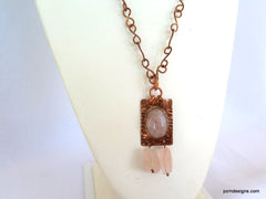 Rose Quartz Necklace set in Copper, Artisan made tribal necklace, Modern Tribal Jewelry