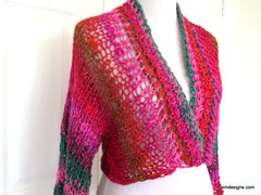 Hand Knit Plus Size Layering Shrug, Red and Pink Noro Cardigan
