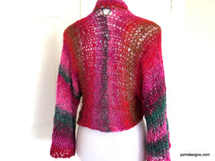 Hand Knit Plus Size Layering Shrug, Red and Pink Noro Cardigan