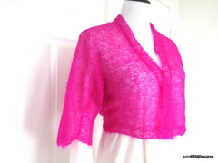 Hot Pink Silk Mohair Cropped Hand Knit Jacket Sweater