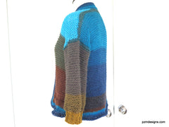 Large Color Block Hand Knit Cardigan, Trendy Knitwear