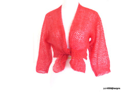 Orange Silk Mohair Tie Front Cardigan, Hand Crochet Hot Coral Shrug