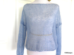 Light Blue Silk Mohair Pullover, Plus Size Hand Knit Boyfriend Sweater