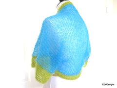Bright Blue and Green Hand Knit Silk Mohair Shrug, Modern Bridal Bolero Shrug